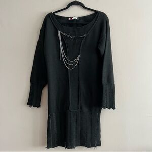 Women's Knit Long Sweater Dress Distressed  Goth Witchy Long Sleeves Black S/M